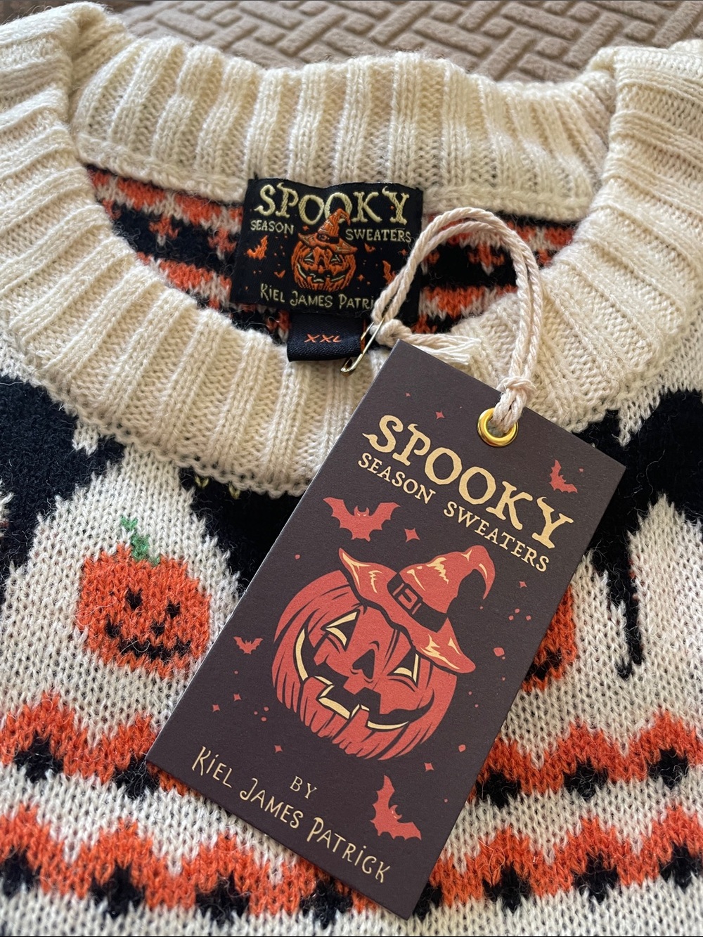 KJP Spooky Season Halloween Cat & Pumpkin Knit Sweater - Cream/Black/Orange - Picture 2 of 5